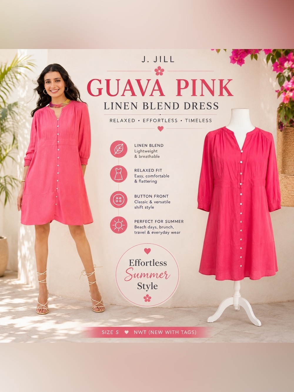 J.Jill Guava Pink Linen Blend Dress NWT Small Button Front Summer Vacation Dress - Picture 2 of 13